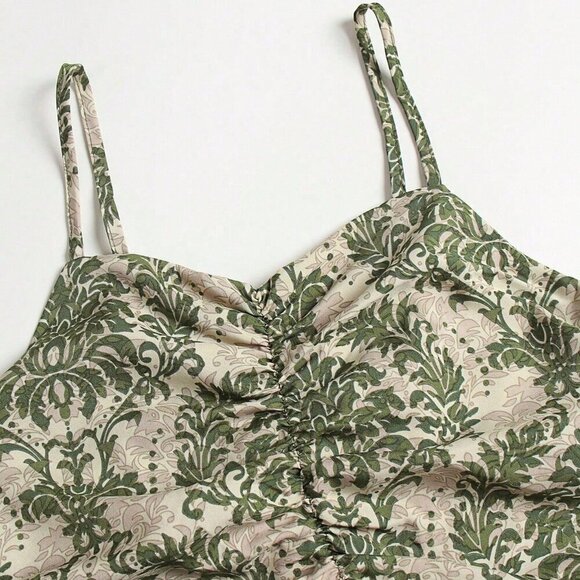 Multicolor Boho Women's Spaghetti Strap Leaf Print Ruffle Hem Maxi Slip Dress - Picture 4 of 7